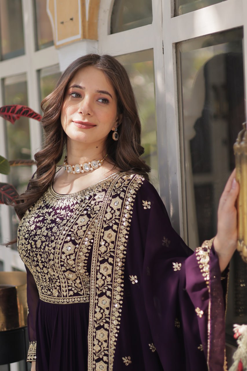 Wine Faux Blooming With Embroidery Zari Sequins Work Gown