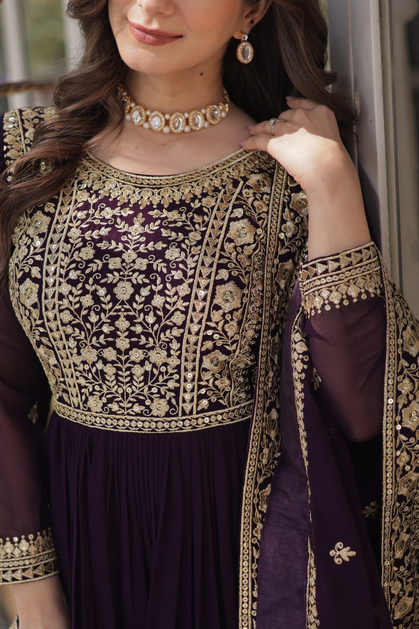Wine Faux Blooming With Embroidery Zari Sequins Work Gown