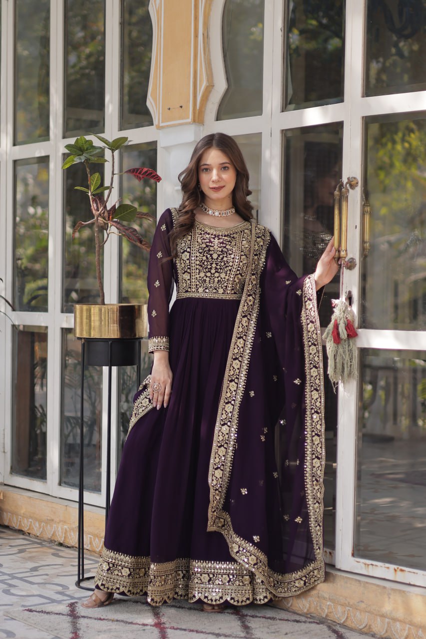 Wine Faux Blooming With Embroidery Zari Sequins Work Gown
