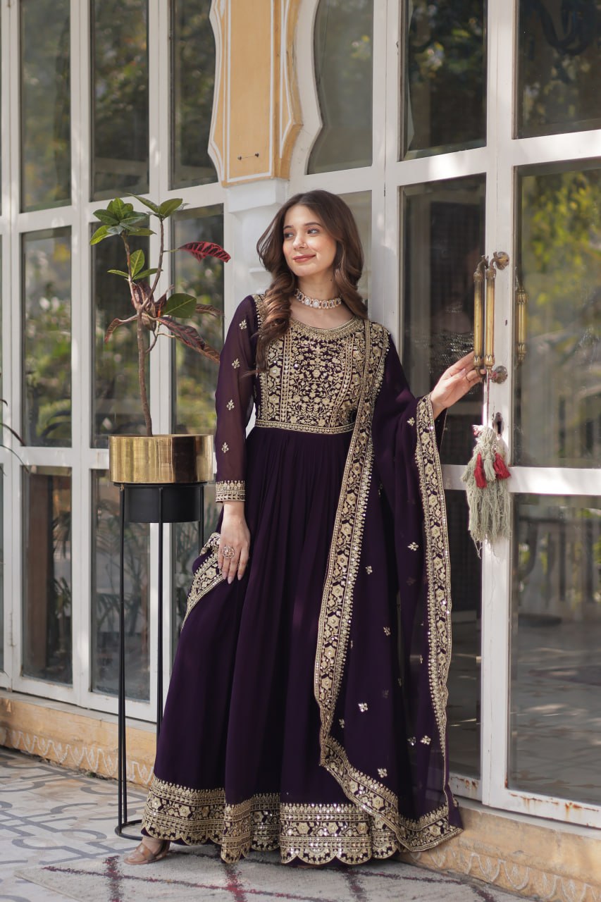 Wine Faux Blooming With Embroidery Zari Sequins Work Gown