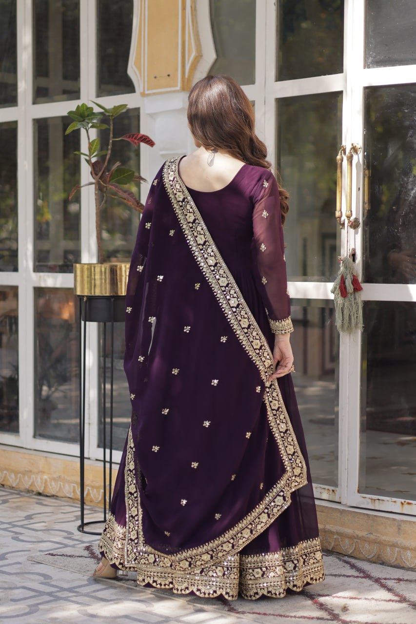 Wine Faux Blooming With Embroidery Zari Sequins Work Gown
