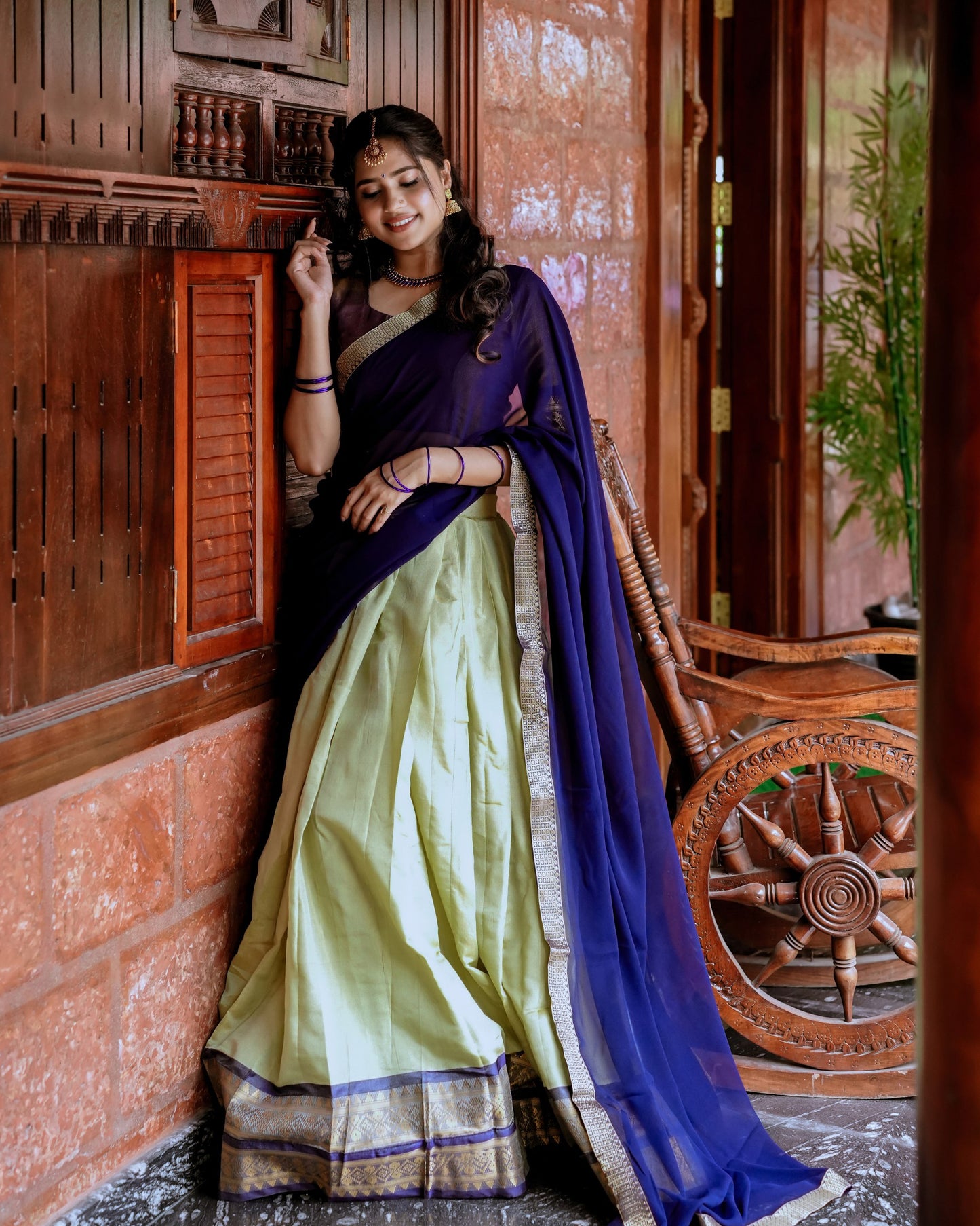 Olive Zari Weaving Work Kanchipuram Lehenga Choli