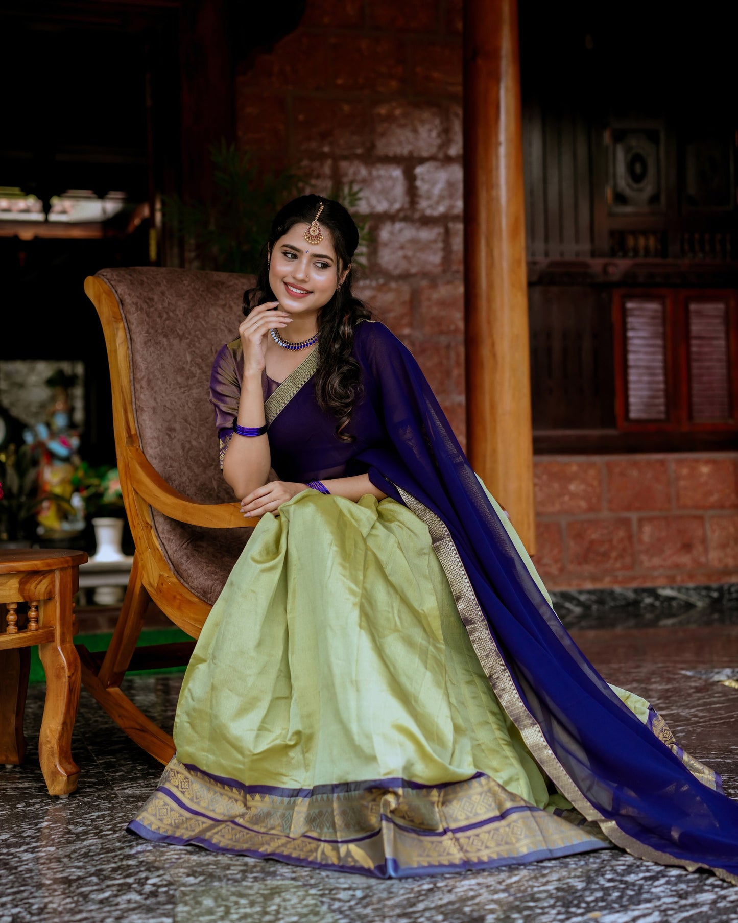 Olive Zari Weaving Work Kanchipuram Lehenga Choli