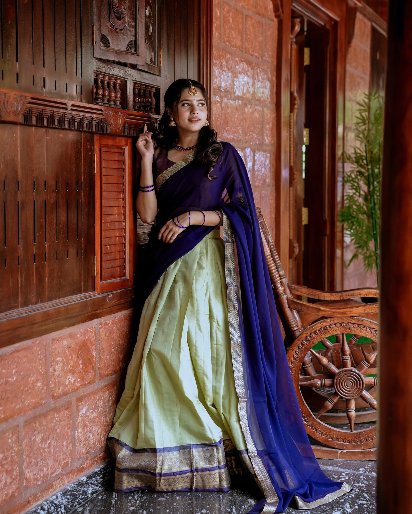Olive Zari Weaving Work Kanchipuram Lehenga Choli