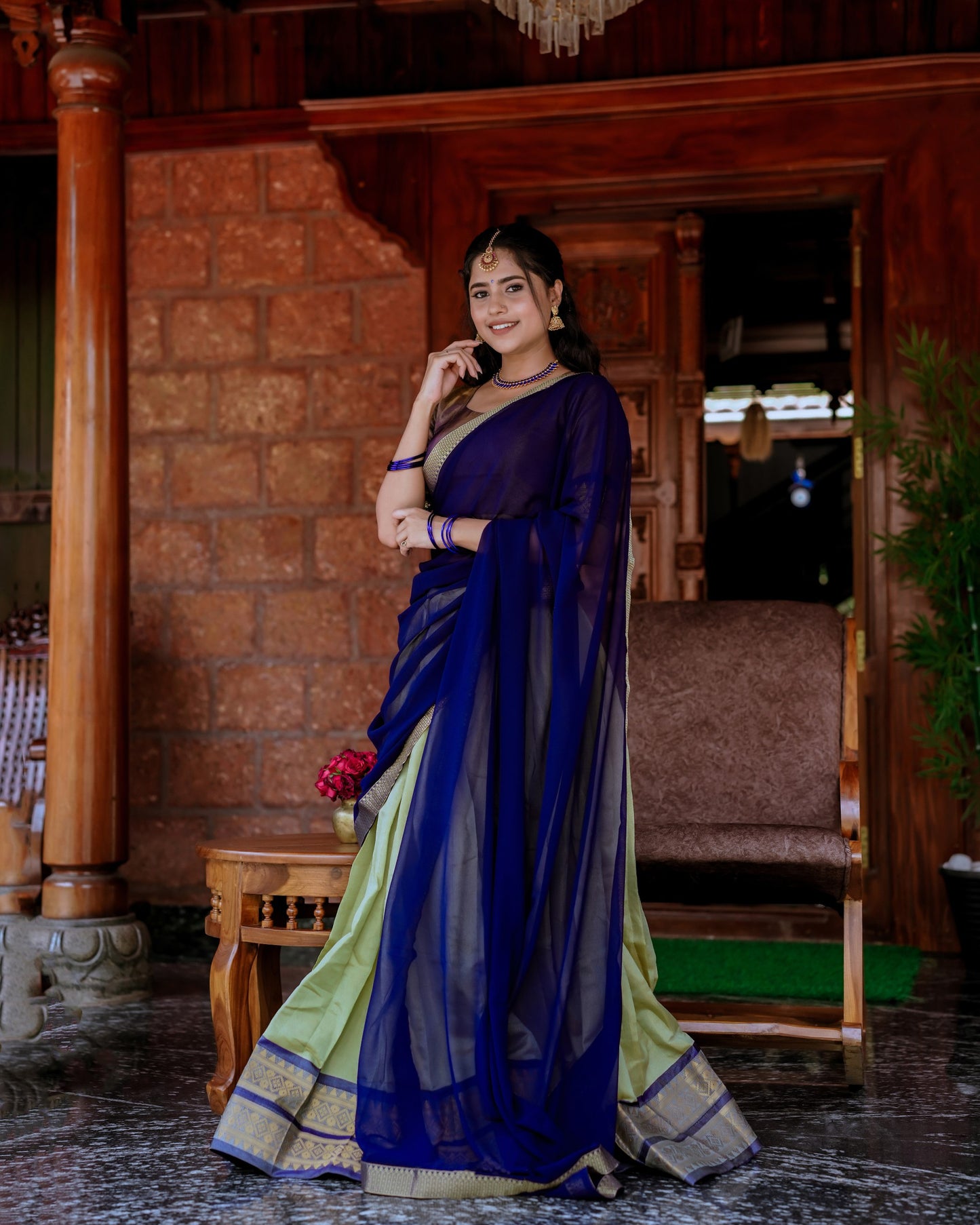 Olive Zari Weaving Work Kanchipuram Lehenga Choli