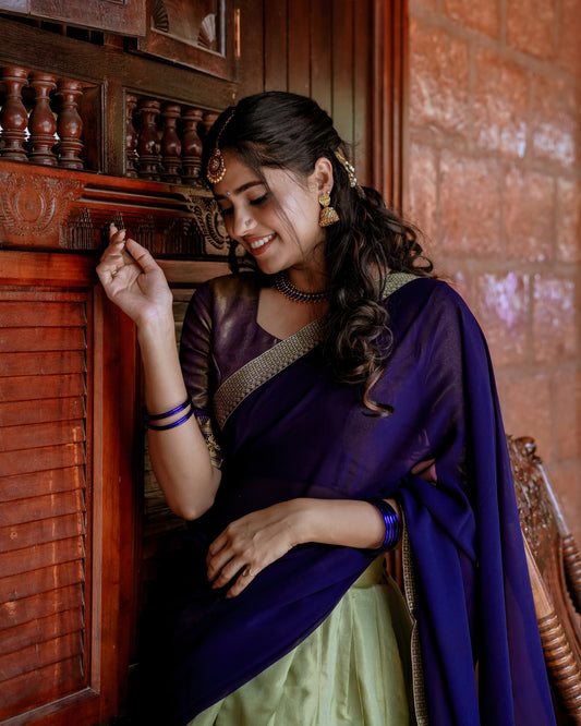 Olive Zari Weaving Work Kanchipuram Lehenga Choli