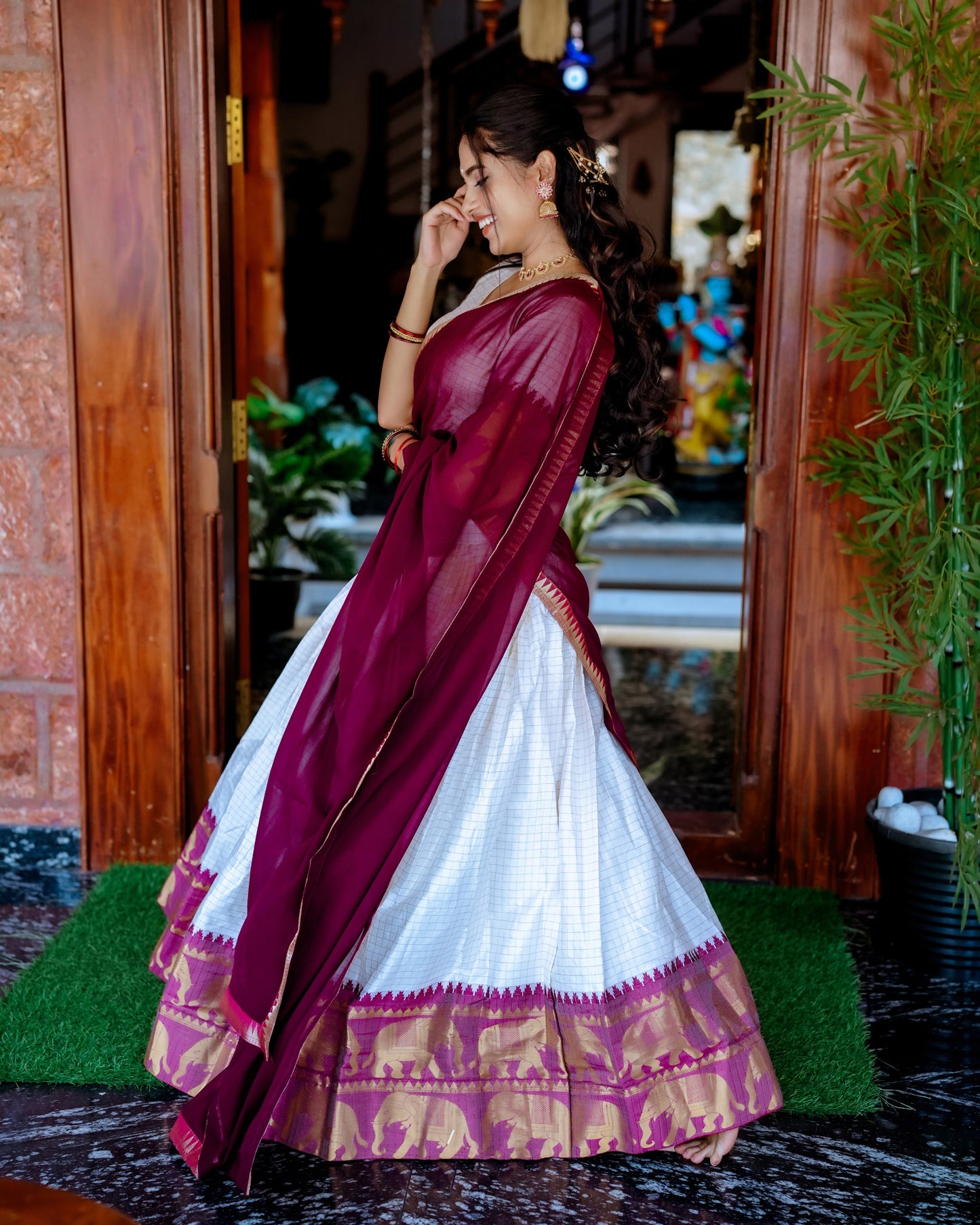 White Poly Cotton Chex With Zari Weaving Work Lehenga Choli