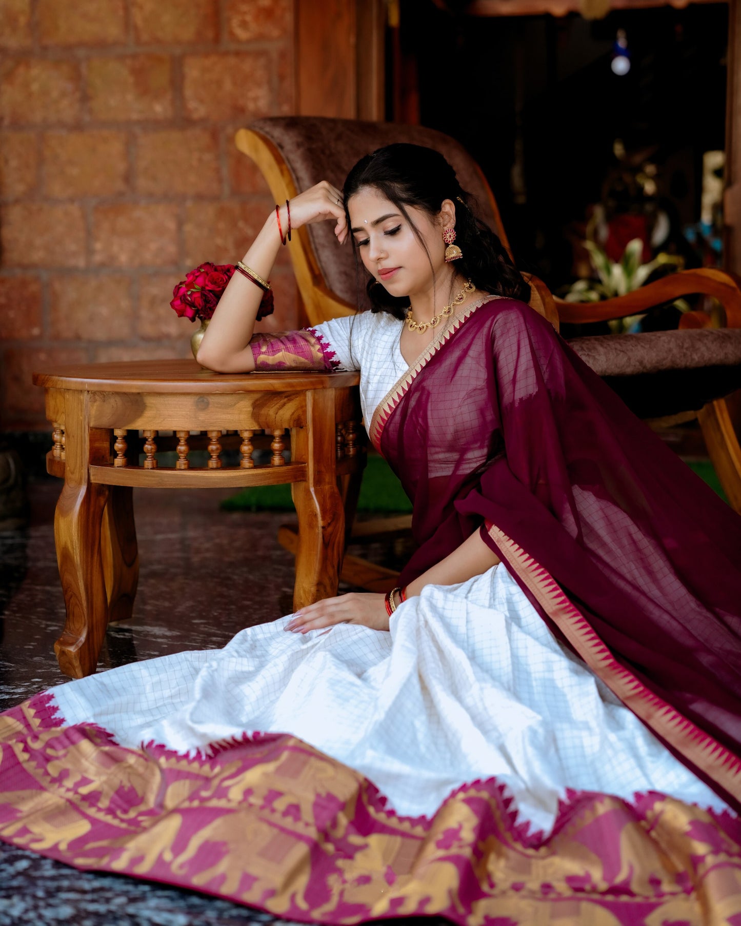 White Poly Cotton Chex With Zari Weaving Work Lehenga Choli