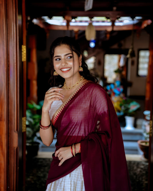 White Poly Cotton Chex With Zari Weaving Work Lehenga Choli