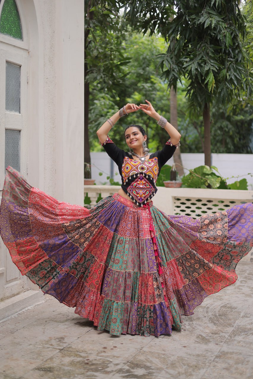 Multicolor Cotton Print With With Gotta Lace Work Navratri Lehenga Choli