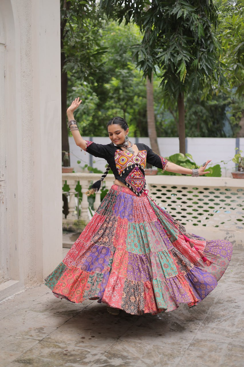 Multicolor Cotton Print With With Gotta Lace Work Navratri Lehenga Choli