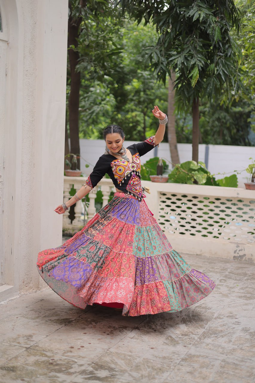 Multicolor Cotton Print With With Gotta Lace Work Navratri Lehenga Choli