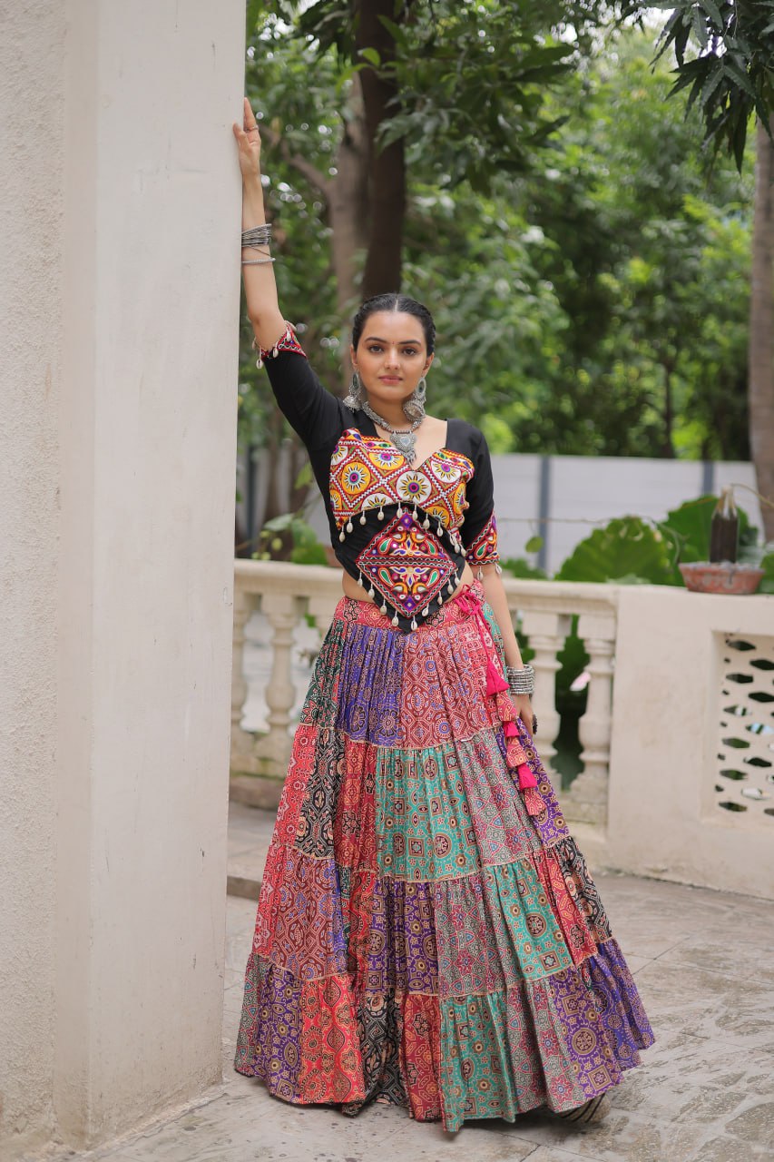 Multicolor Cotton Print With With Gotta Lace Work Navratri Lehenga Choli