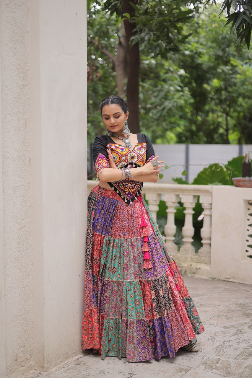 Multicolor Cotton Print With With Gotta Lace Work Navratri Lehenga Choli