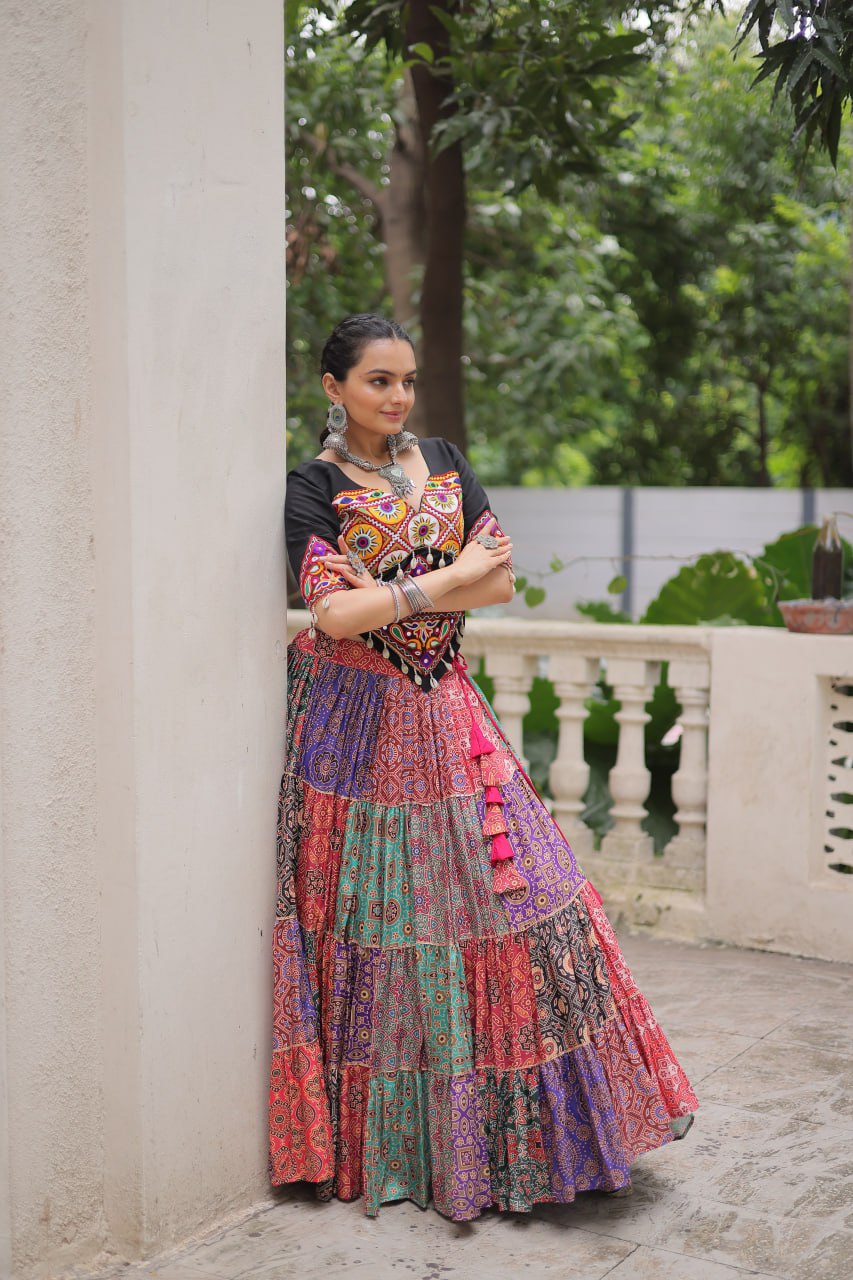 Multicolor Cotton Print With With Gotta Lace Work Navratri Lehenga Choli