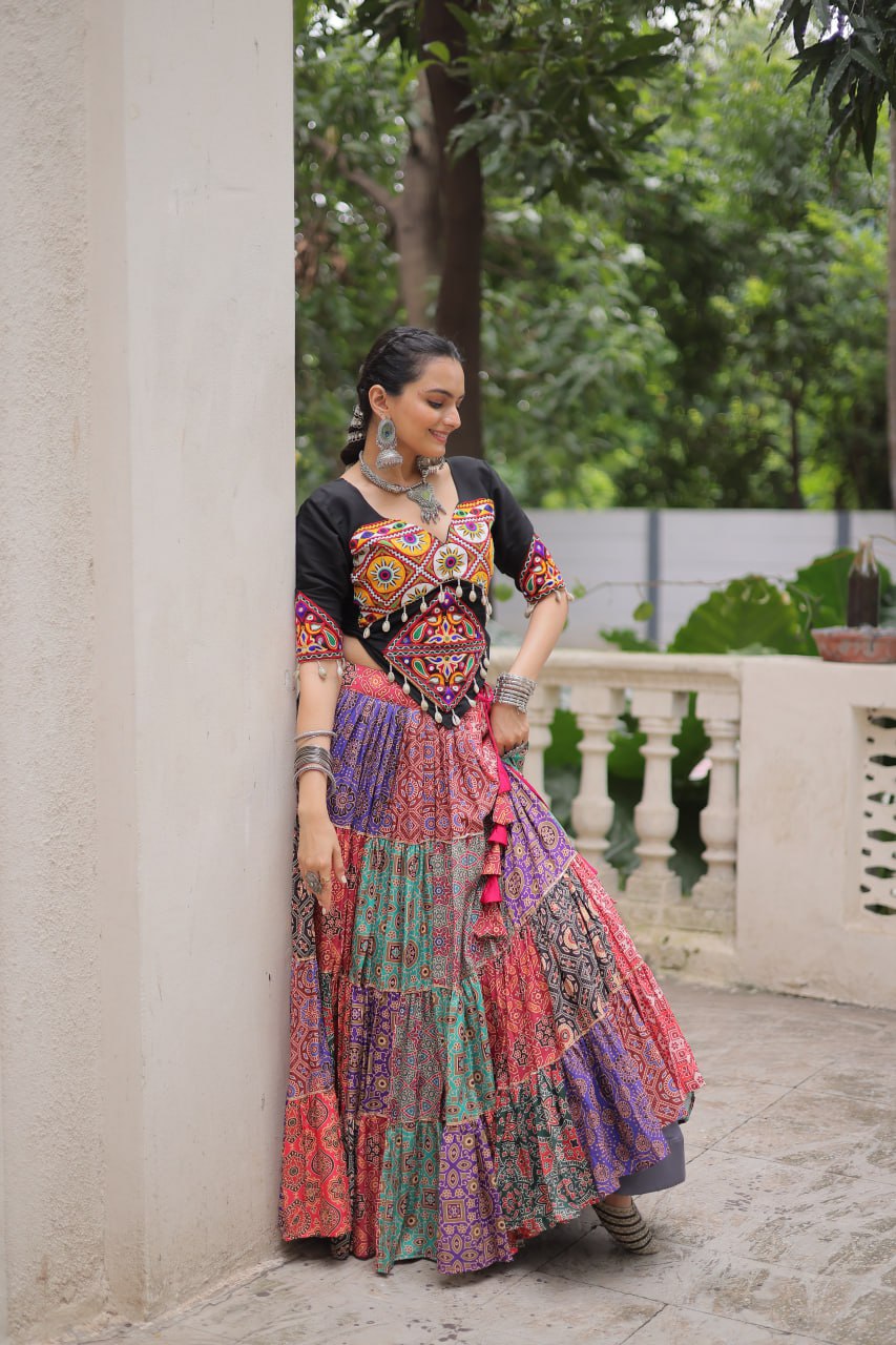 Multicolor Cotton Print With With Gotta Lace Work Navratri Lehenga Choli