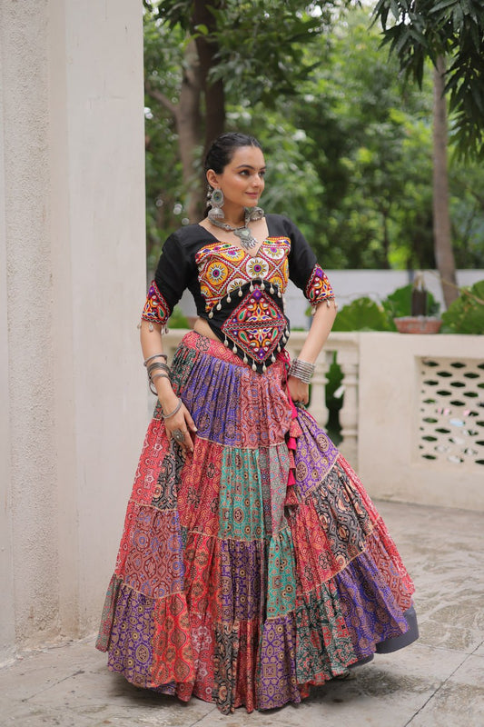 Multicolor Cotton Print With With Gotta Lace Work Navratri Lehenga Choli