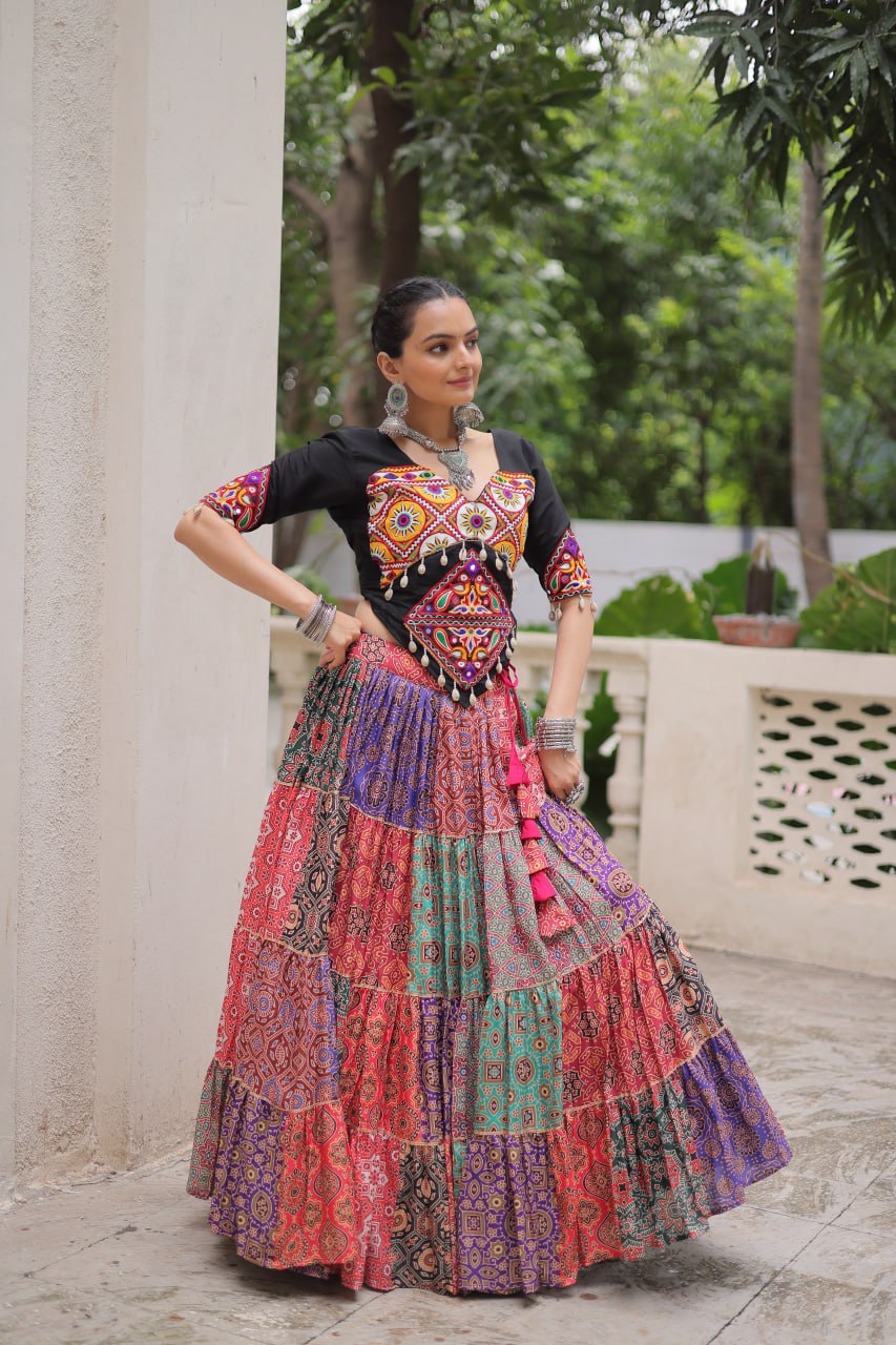 Multicolor Cotton Print With With Gotta Lace Work Navratri Lehenga Choli