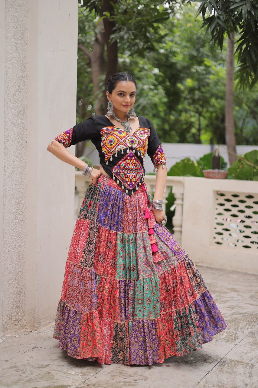 Multicolor Cotton Print With With Gotta Lace Work Navratri Lehenga Choli