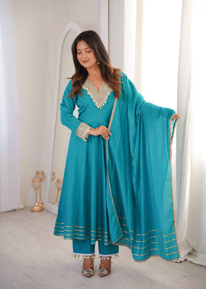 Teal blue Anarkali suit set Roman silk embroidered patch