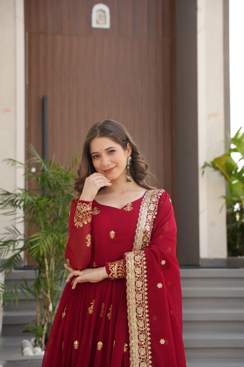 Maroon Faux Blooming Sequins Embroidered Work Gown