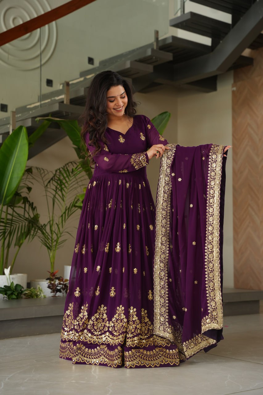 Purple Faux Blooming Sequins Embroidered Work Gown