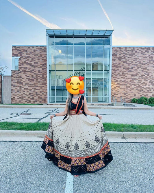 Black White Digital Print Real Mirror Work Navratri Lehenga Choli