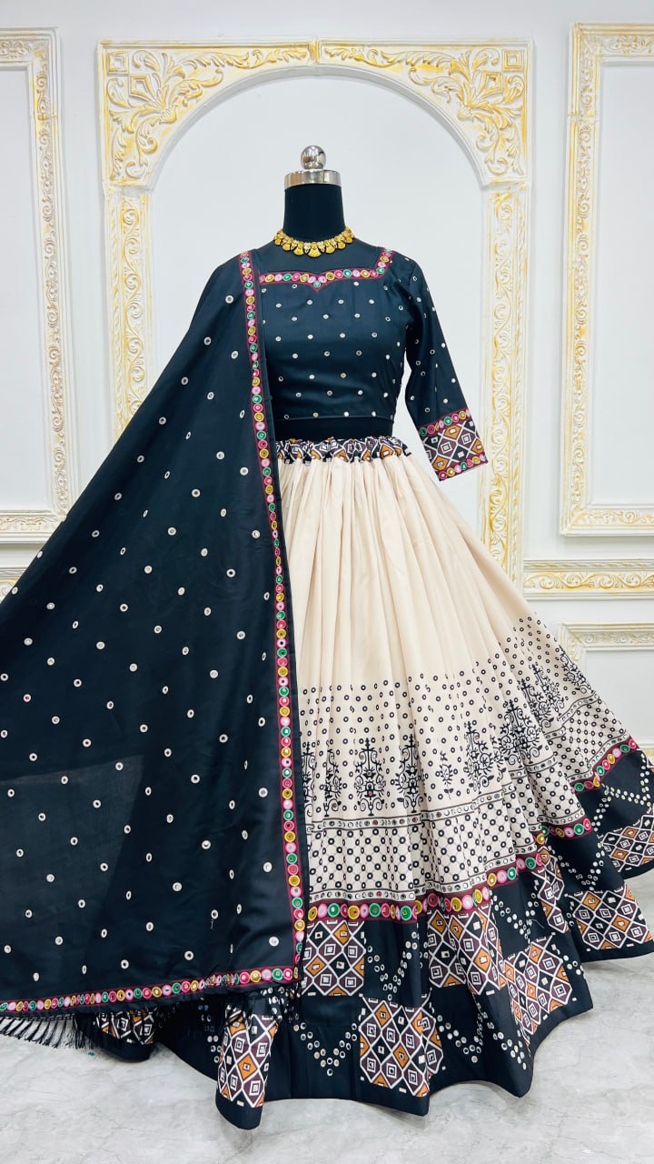 Black White Digital Print Real Mirror Work Navratri Lehenga Choli