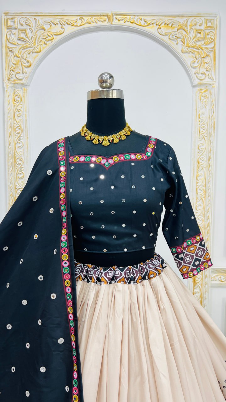 Black White Digital Print Real Mirror Work Navratri Lehenga Choli