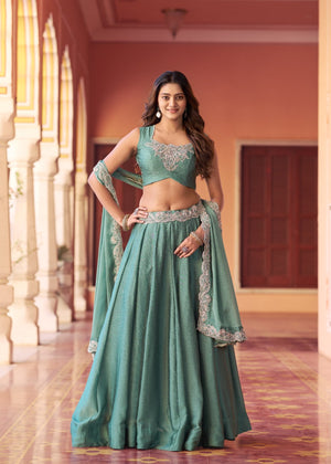 Sage green Rangoli silk lehenga choli with tube bead embroidery