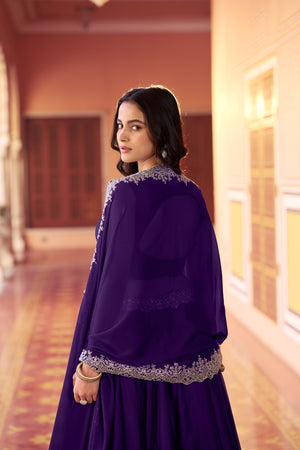 Deep violet lehenga choli with embellished belt and dupatta