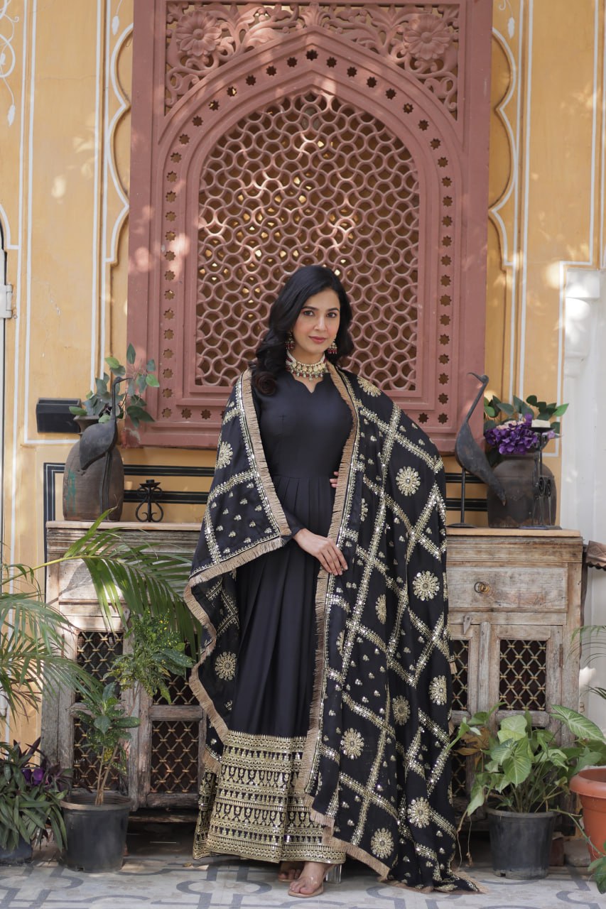 Black Star Georgette With Embroidery Zari Sequins Work Gown