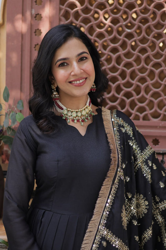 Black Star Georgette With Embroidery Zari Sequins Work Gown