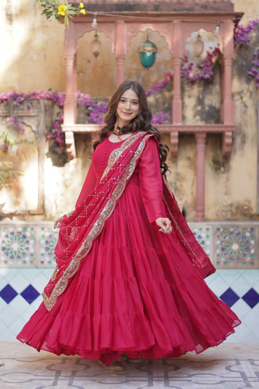Pink Star Georgette Round Neck Designer Fully Flair Gown