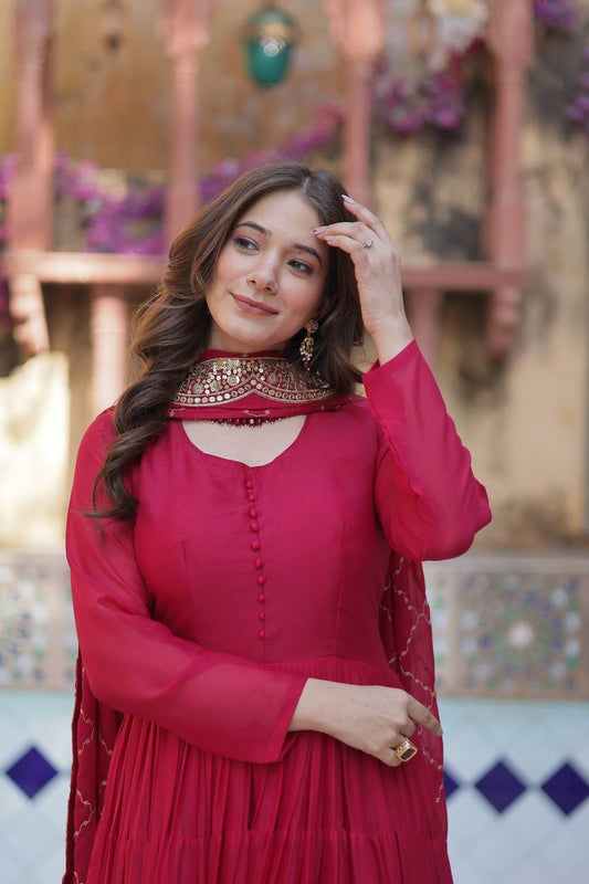 Pink Star Georgette Round Neck Designer Fully Flair Gown