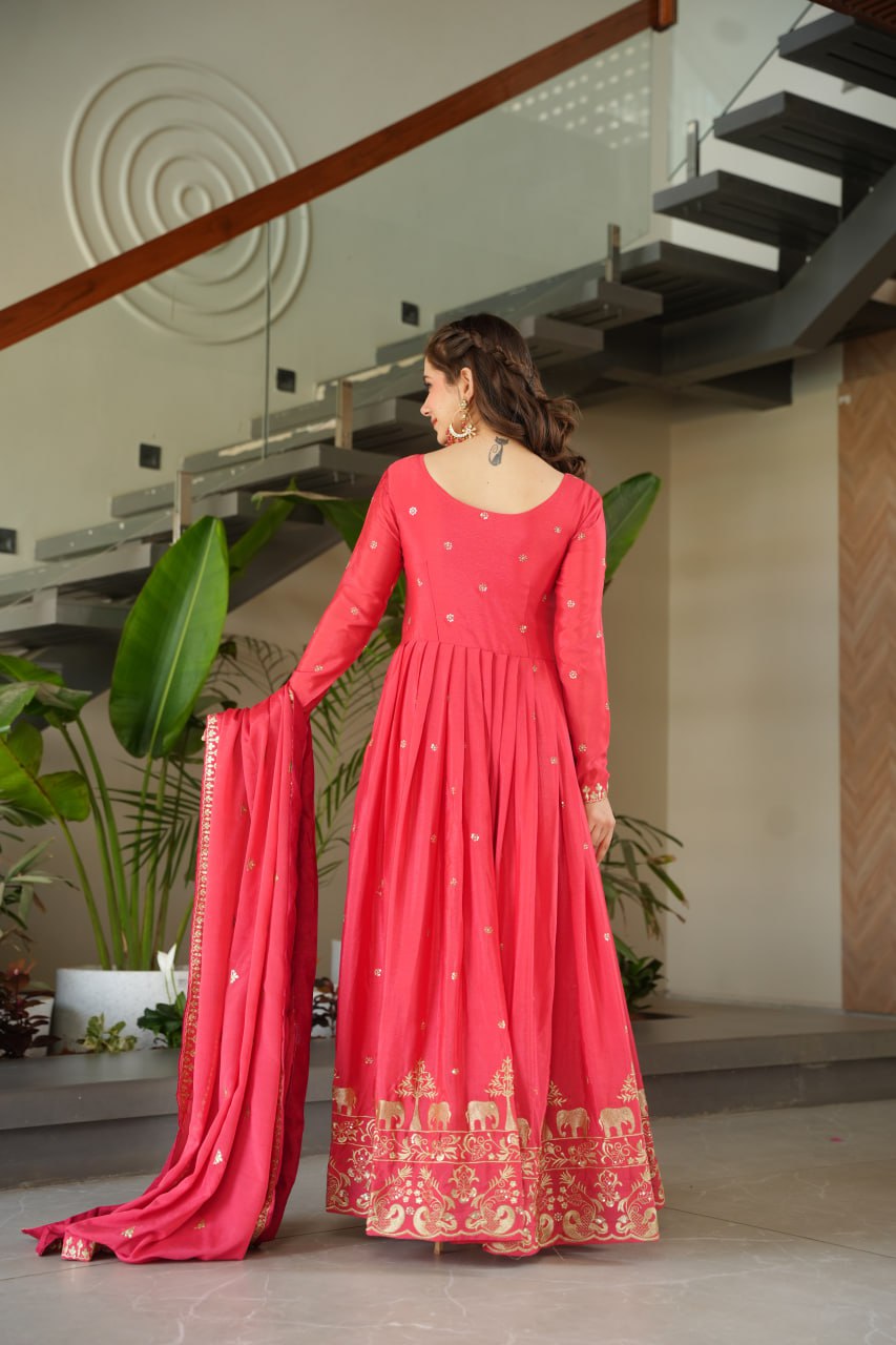 Pink Chinnon With Embroidery Zari Sequins Work Gown