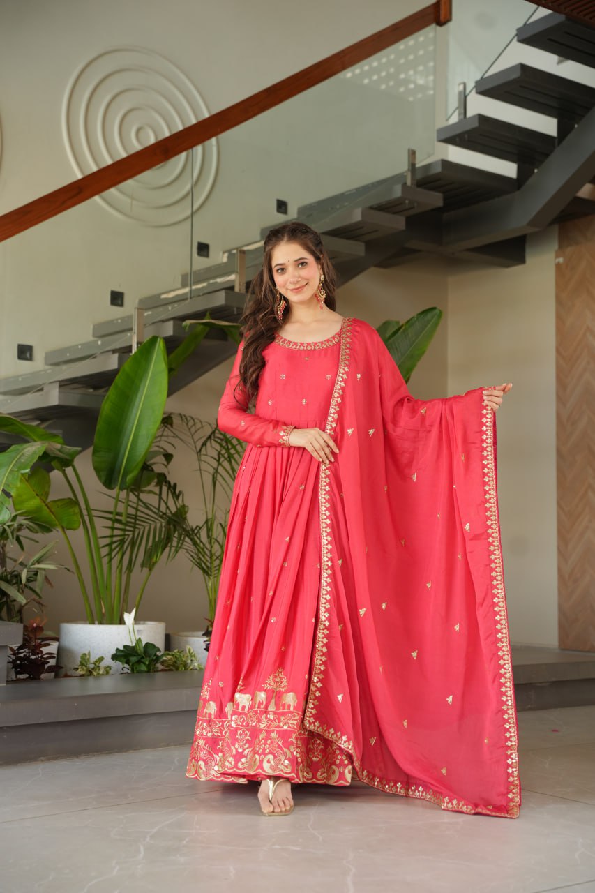 Pink Chinnon With Embroidery Zari Sequins Work Gown