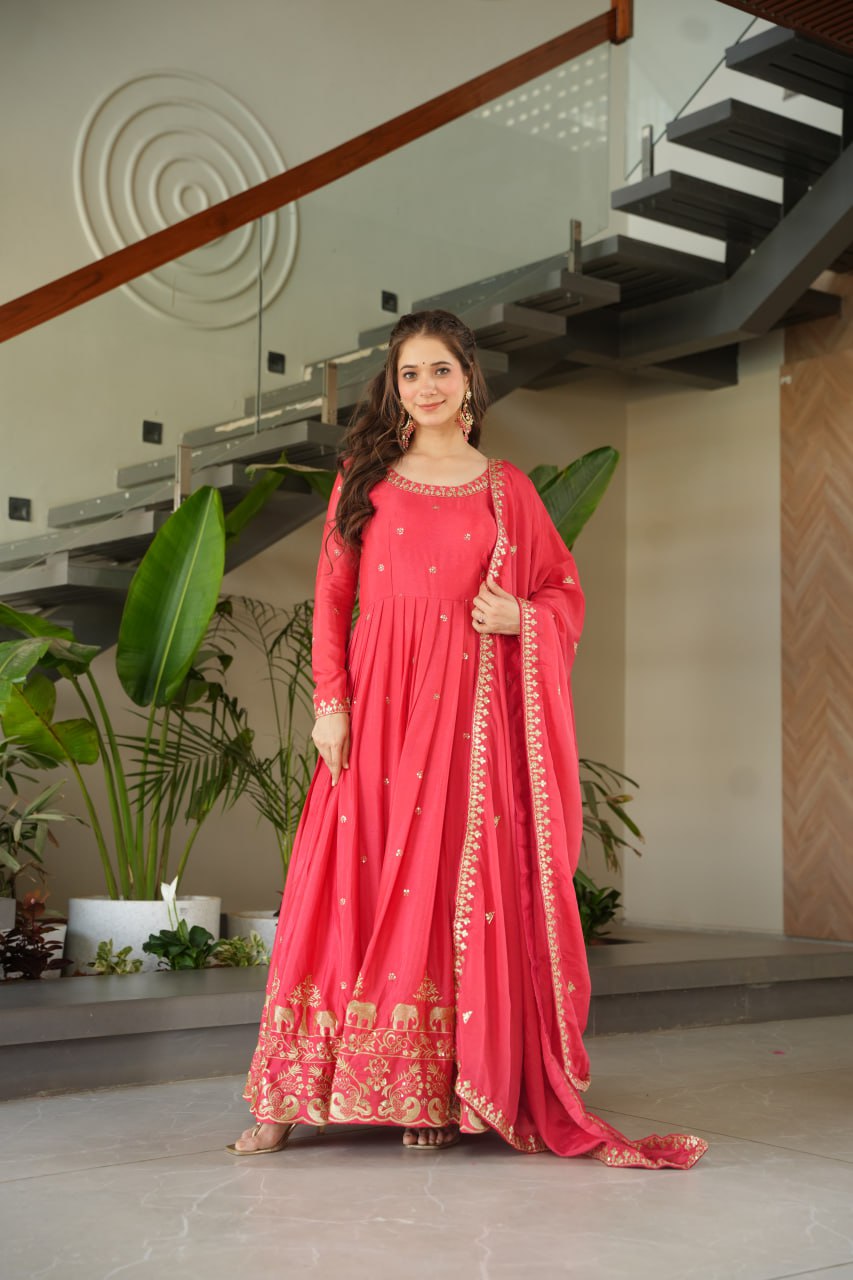 Pink Chinnon With Embroidery Zari Sequins Work Gown