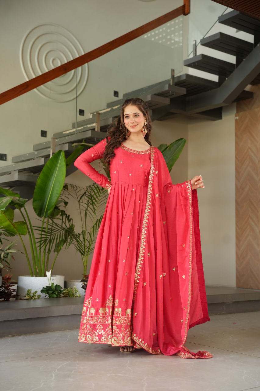 Pink Chinnon With Embroidery Zari Sequins Work Gown