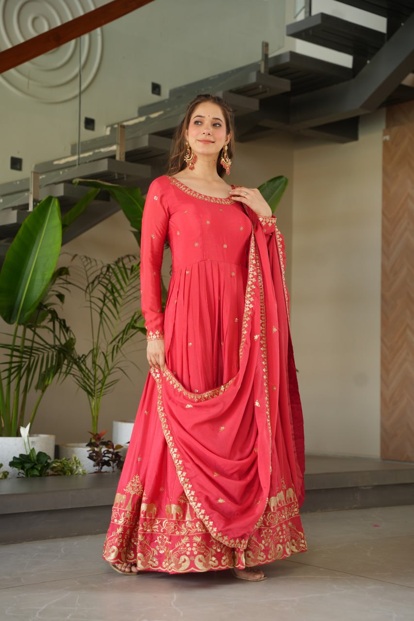 Pink Chinnon With Embroidery Zari Sequins Work Gown