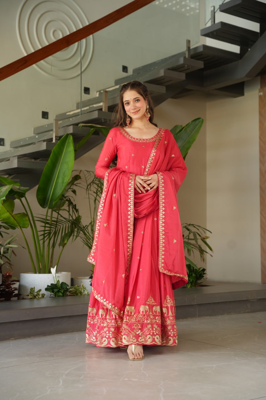 Pink Chinnon With Embroidery Zari Sequins Work Gown