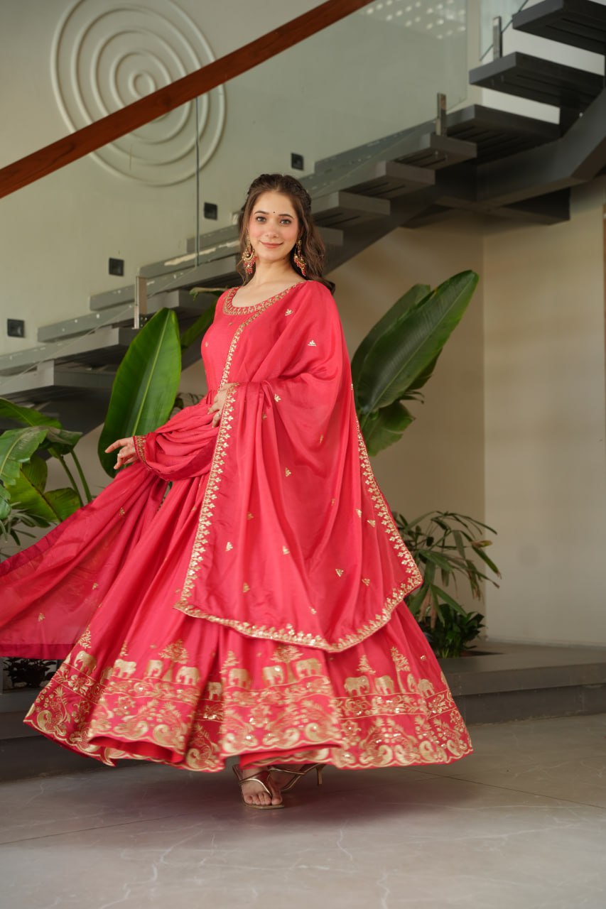 Pink Chinnon With Embroidery Zari Sequins Work Gown