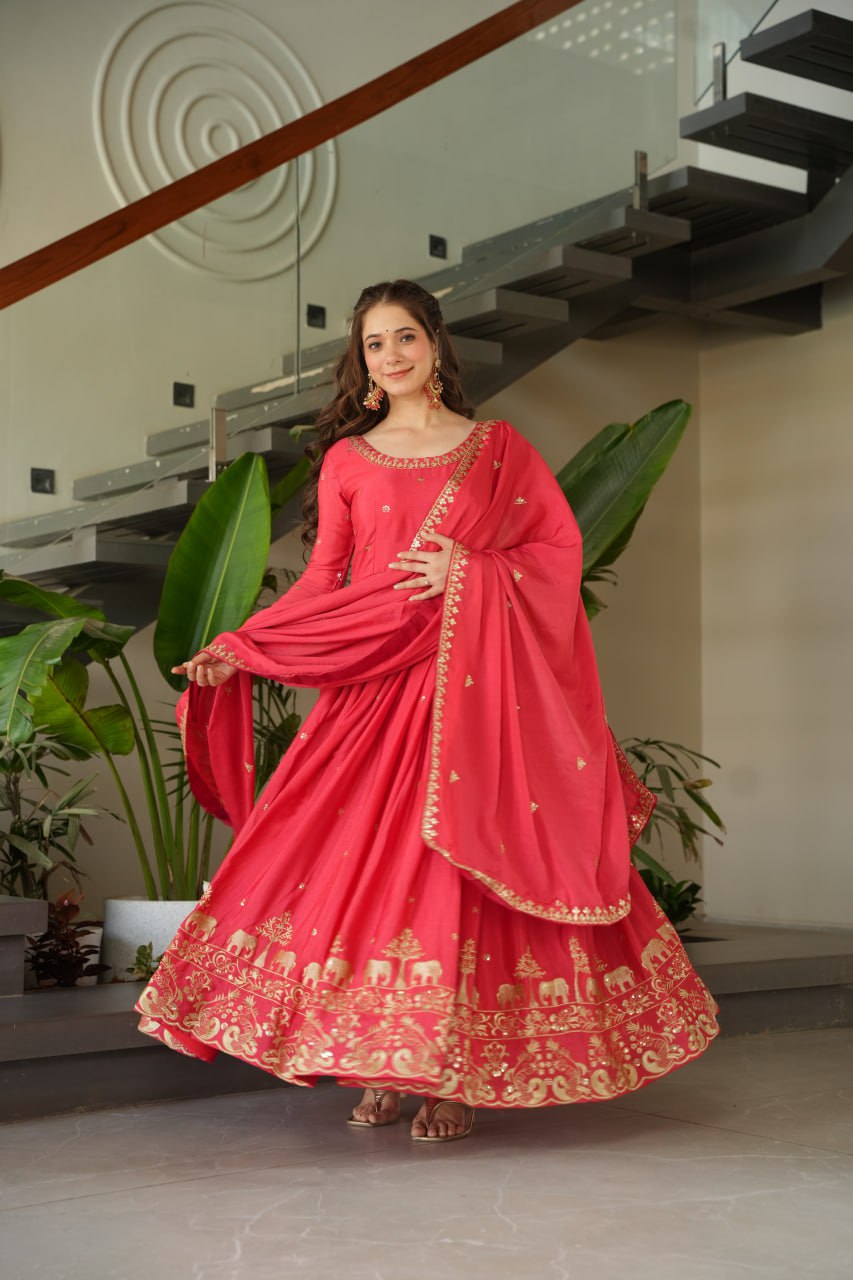 Pink Chinnon With Embroidery Zari Sequins Work Gown
