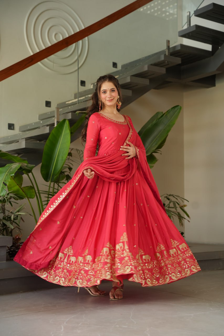 Pink Chinnon With Embroidery Zari Sequins Work Gown