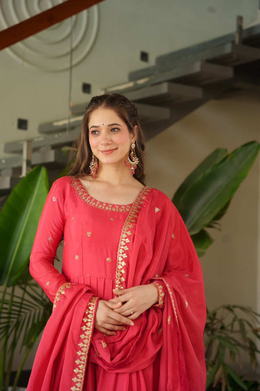 Pink Chinnon With Embroidery Zari Sequins Work Gown