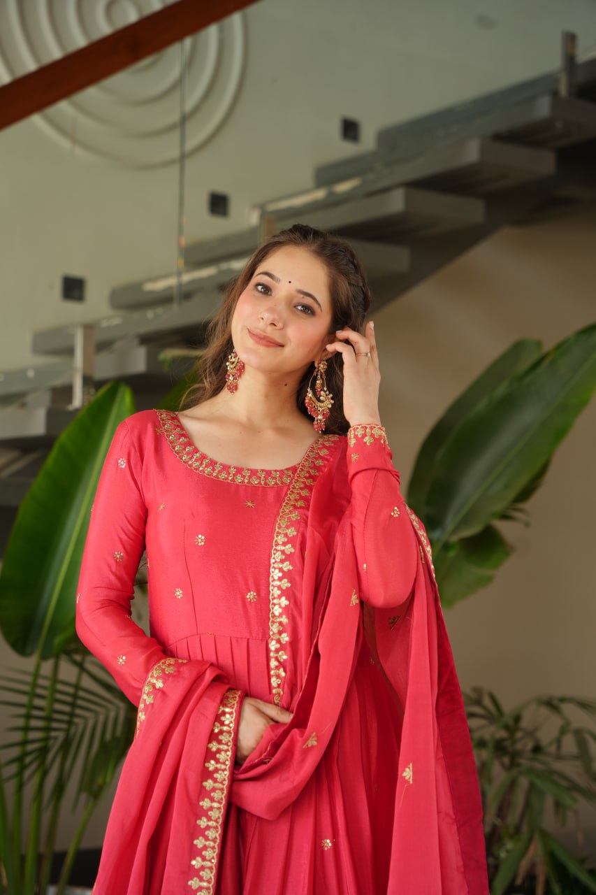 Pink Chinnon With Embroidery Zari Sequins Work Gown