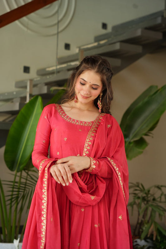 Pink Chinnon With Embroidery Zari Sequins Work Gown