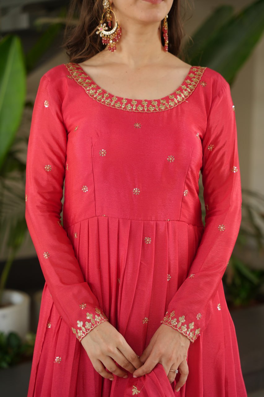 Pink Chinnon With Embroidery Zari Sequins Work Gown