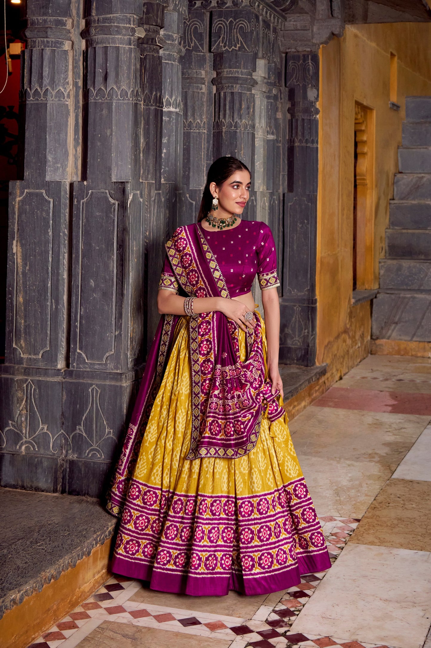 Musterd Tasar Silk Ikkat Print Sequins And Thread Embroidery Work Lehenga Choli