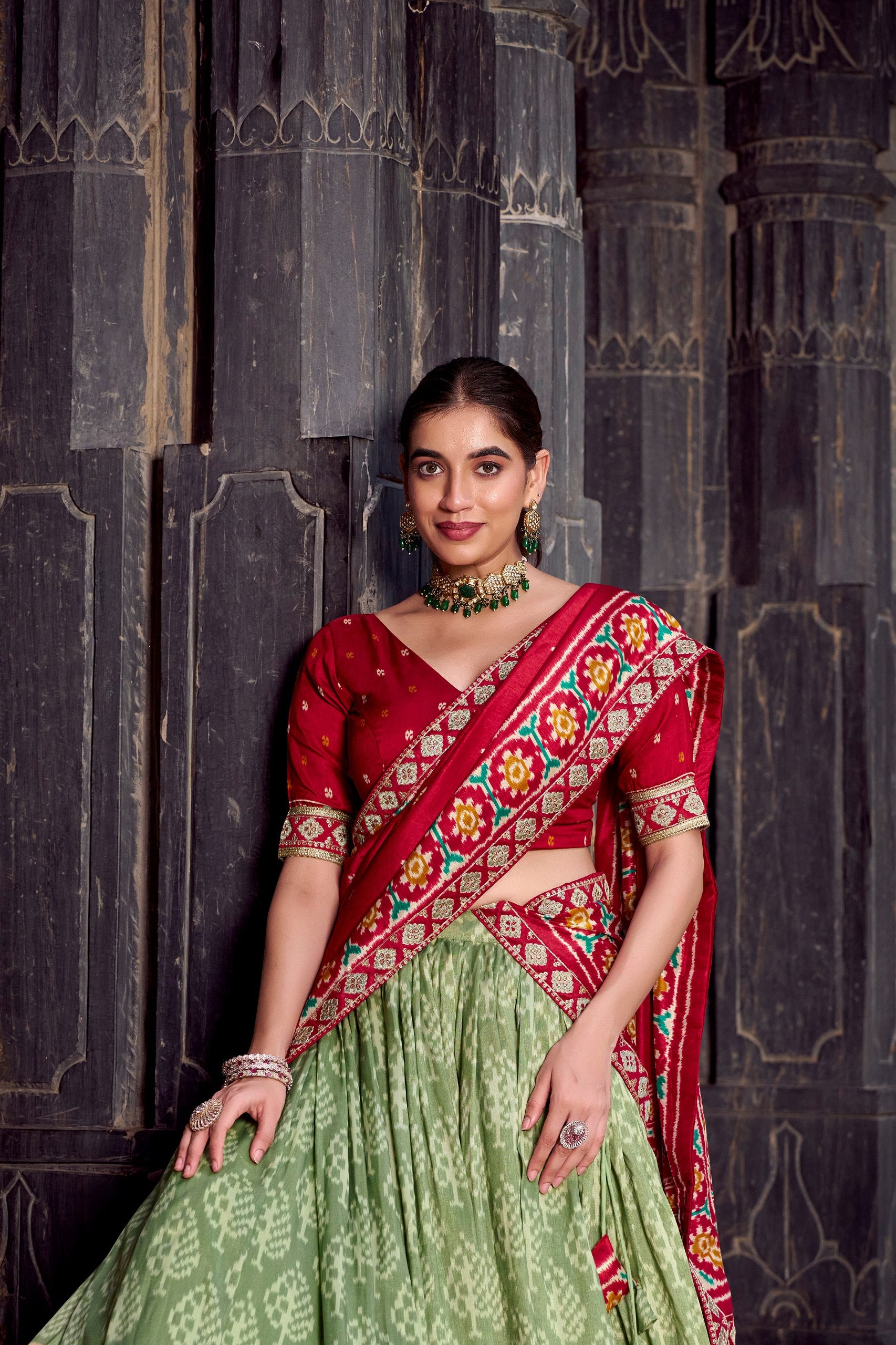 Sea Green Tasar Silk Ikkat Print Sequins And Thread Embroidery Work Lehenga Choli